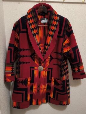 Silverado Made In New Mexico Red Southwest-Patterned Shawl Collar Wool Coat USA